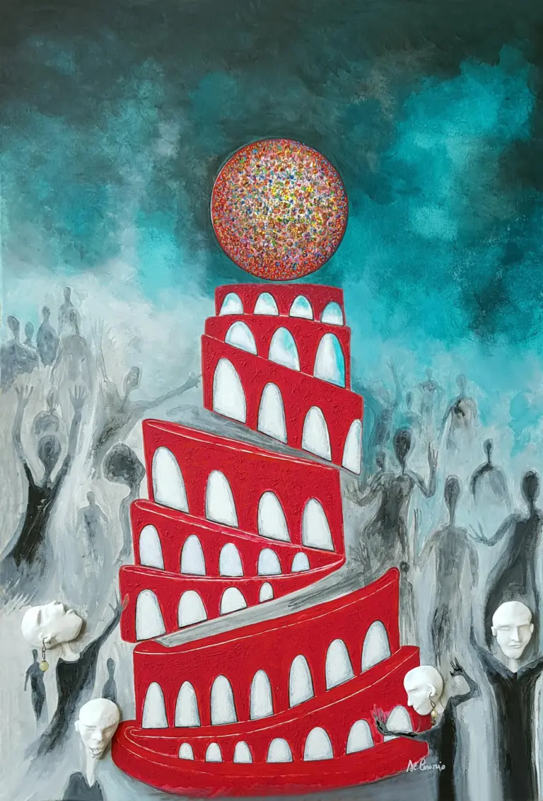 L’opera Sfascismo, che inaugura questa nuova serie, ne è la dichiarazione programmatica. Al centro della composizione si erge una torre di Babele decadente.