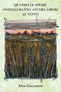 Campo di grano polesano al tramonto, reinterpretato artisticamente con la tecnica delle cere da Diego Bovolenta, artista locale, su sfondo verde pastello ad effetto invecchiato.
