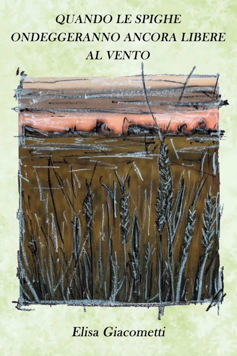 Campo di grano polesano al tramonto, reinterpretato artisticamente con la tecnica delle cere da Diego Bovolenta, artista locale, su sfondo verde pastello ad effetto invecchiato.